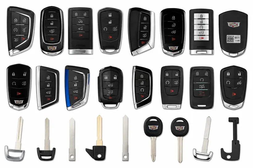 A range of Cadillac keys and fobs we cut and program in West Palm Beach, FL