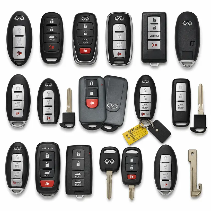 A range of Infiniti keys and fobs we cut and program in West Palm Beach, FL